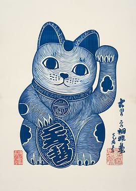 Blue Maneki Neko Woodblock Print
