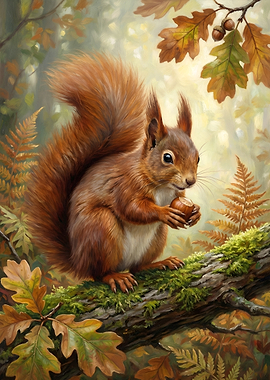 Squirrel with Nut in Autumn Forest
