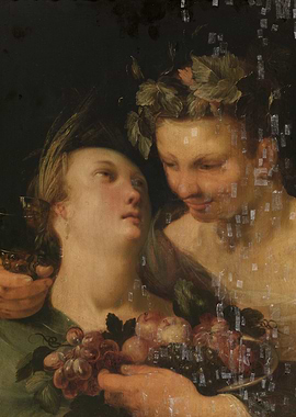 Classical painting of two figures with fruit