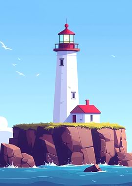 Lighthouse on Rocky Coast Digital Art