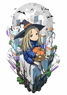 Halloween Witch with Pumpkin and Ghost