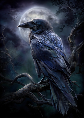 Raven Perched Under Moonlight
