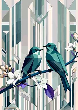 Geometric Birds on Branch with Flowers