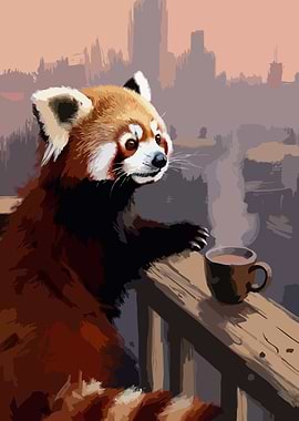 Red Panda with Coffee in Cityscape Cozy Art
