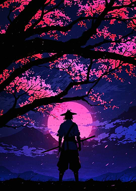 Samurai under Cherry Blossom Tree at Night