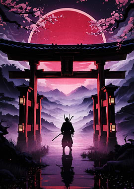 Samurai at Torii Gate with Rising Sun