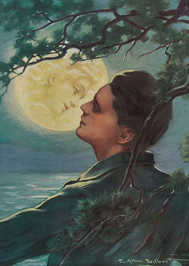 Man Gazing at Moon with Woman's Face