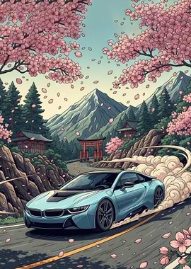Blue Sports Car Drifting Under Cherry Blossoms