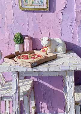 Cat eating pizza painting