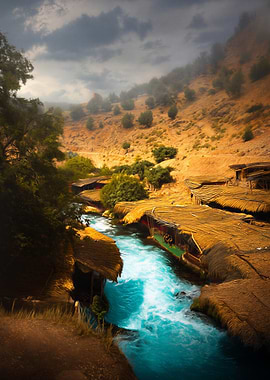 River flowing through a village landscape