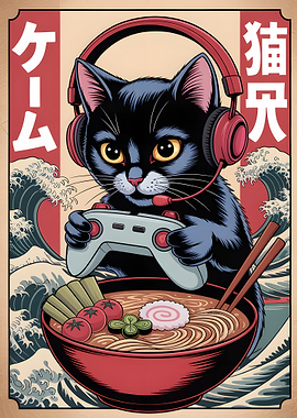 Gamer Cat with Ramen Bowl