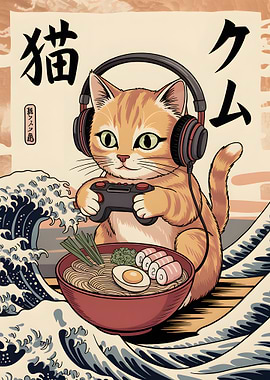 Gamer Cat with Ramen and Waves