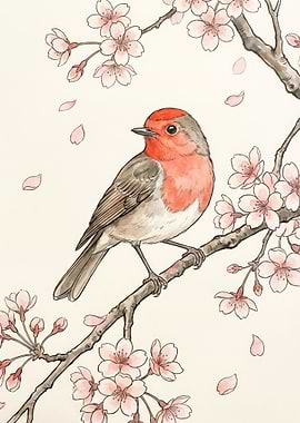 Robin Bird on Cherry Blossom Branch