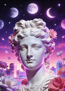 Vaporwave Statue with Flowers and Cityscape