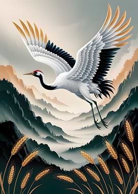 Crane in Flight over Mountain