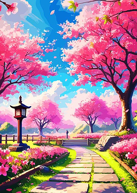 Cherry Blossom Path in Japanese Garden