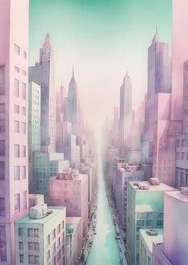 Dreamy Pastel Cityscape — Soft Pink & Mint Urban Skyline