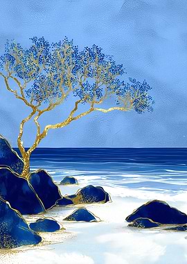 Blue and Gold Coastal Landscape Painting