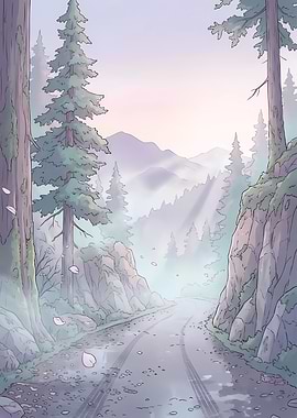 Misty Forest Road with Falling Petals