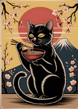 Black Cat Eating Ramen with Chopsticks