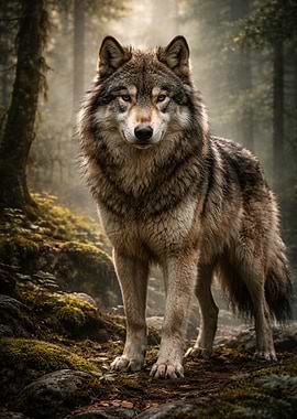 Wolf Portrait in Misty Forest