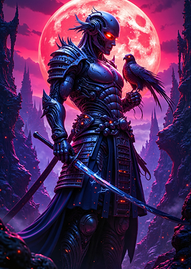 Cyberpunk Samurai with Falcon under Red Moon