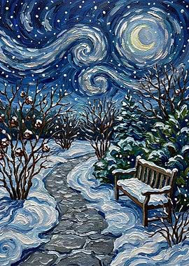 Winter Night Landscape Painting with Bench