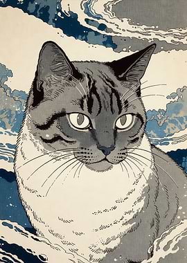 Ukiyo-e Cat Portrait with Waves