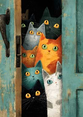 Cats Peeking Through Doorway Illustration