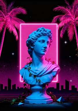 Vaporwave Bust with Neon and Palms