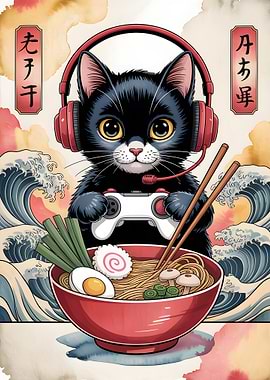 Gamer Cat with Ramen and Waves