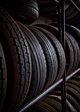 Stacked Car Tires on Metal Shelves