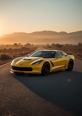 Yellow Corvette on Desert Road at Sunset