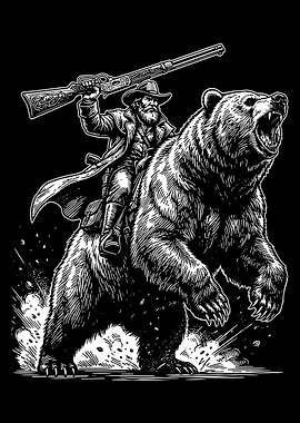 Cowboy Riding Bear Poster, Vintage Western Illustration Print, Black and White Wall Art