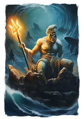 Poseidon with Trident in Ocean Painting