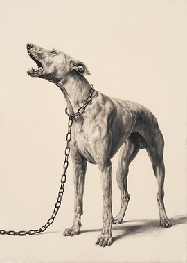 Engraving of a chained, howling dog