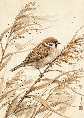 Sparrow on Reed Watercolor Painting