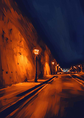 Night Street with Lampposts Painting