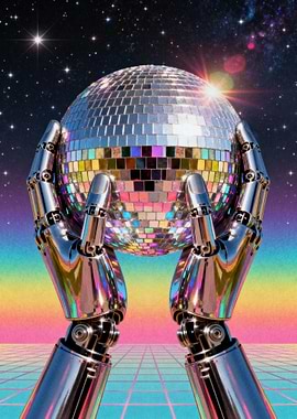 Robot hands holding disco ball in space