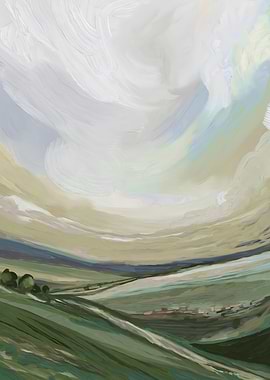 Green Hills and Cloudy Sky Painting