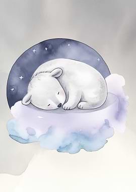 Sleeping Polar Bear on Cloud Watercolor