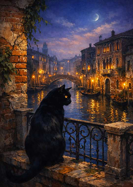 Black Cat in Venice at Night