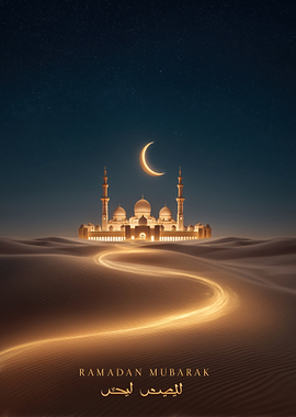 Ramadan Mubarak Mosque in Desert Night
