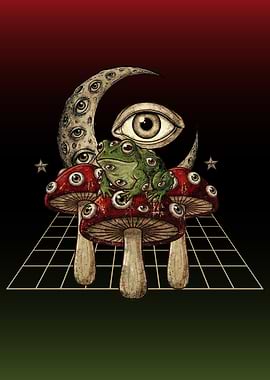 Surreal Frog on Mushroom with Eyes Weirdcore