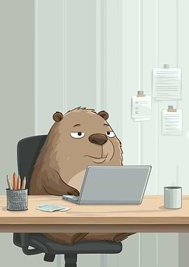 Cartoon Bear Working on Laptop