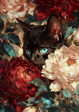 Cute Black Cat Hidden in Flowers