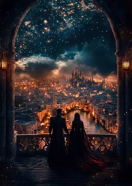 Couple Gazing at Fantasy Cityscape at Night