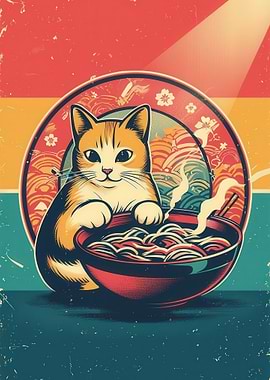 Cat with Ramen Bowl Retro Art