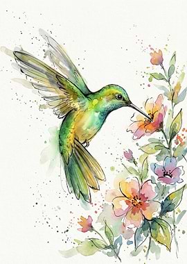 Watercolor Hummingbird and Flowers Illustration