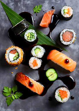 Sushi Assortment with Soy Sauce Drizzle